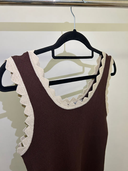 Brown Knitted Vest Top With Cream Trim