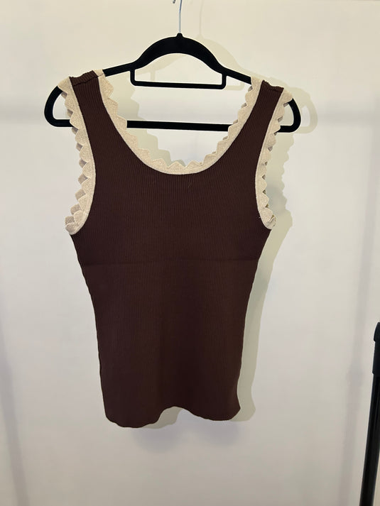 Brown Knitted Vest Top With Cream Trim