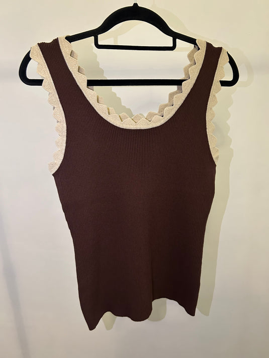 Brown Knitted Vest Top With Cream Trim