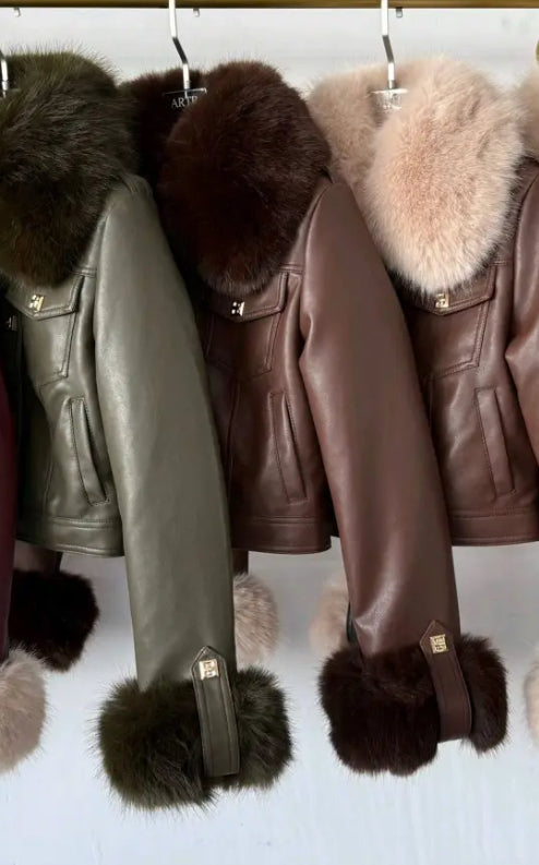 Leather Cropped Jacket with Fur